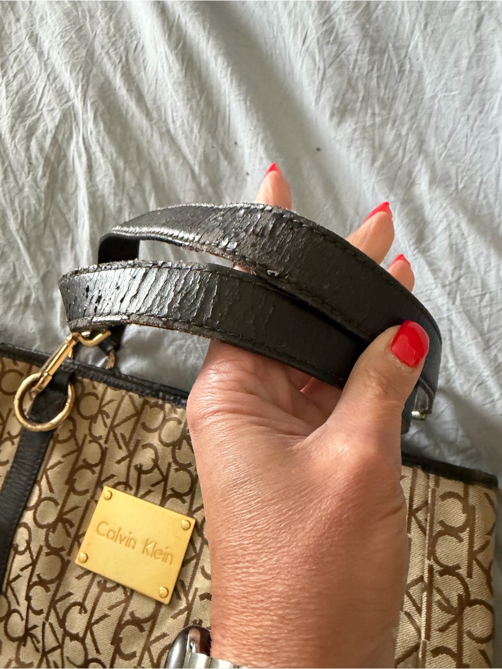 Calvin Klein Brown Logo Canvas Key & Card Holder with brown Leather Strap